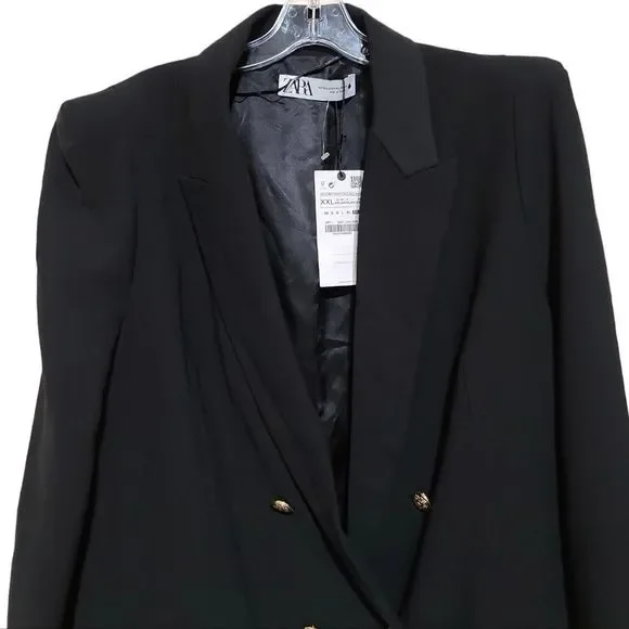 ZARA Black Padded Shoulder Double Breasted Blazer with Gold Buttons Sz XXL - Picture 7 of 12